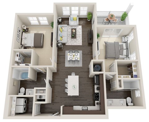 Floor plan for 2 beds, 2 baths, 1288 sqft